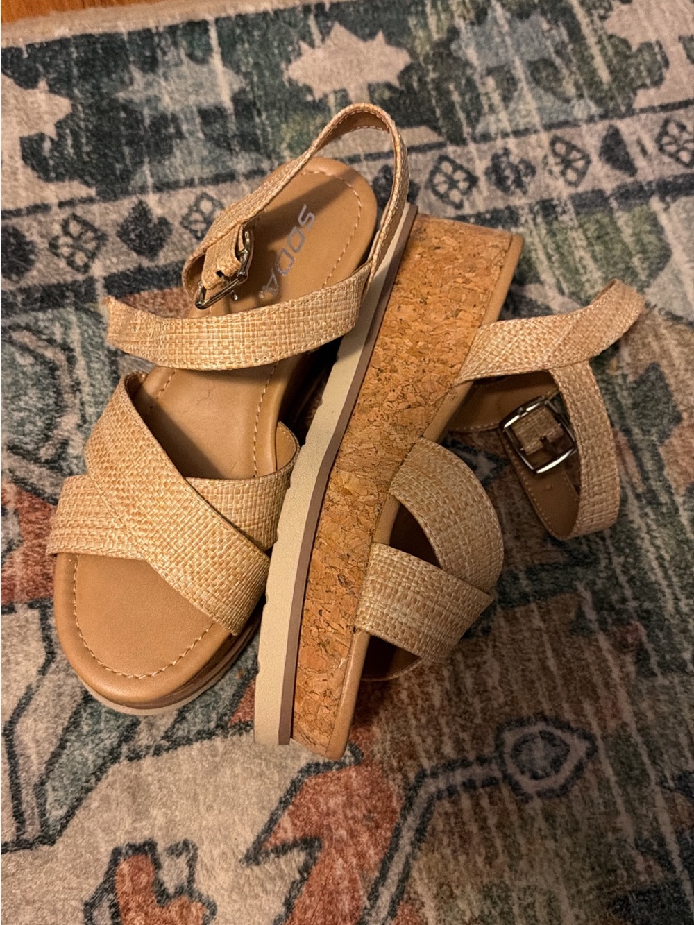 Soda Tan Wedge Sandals with Cork Platform